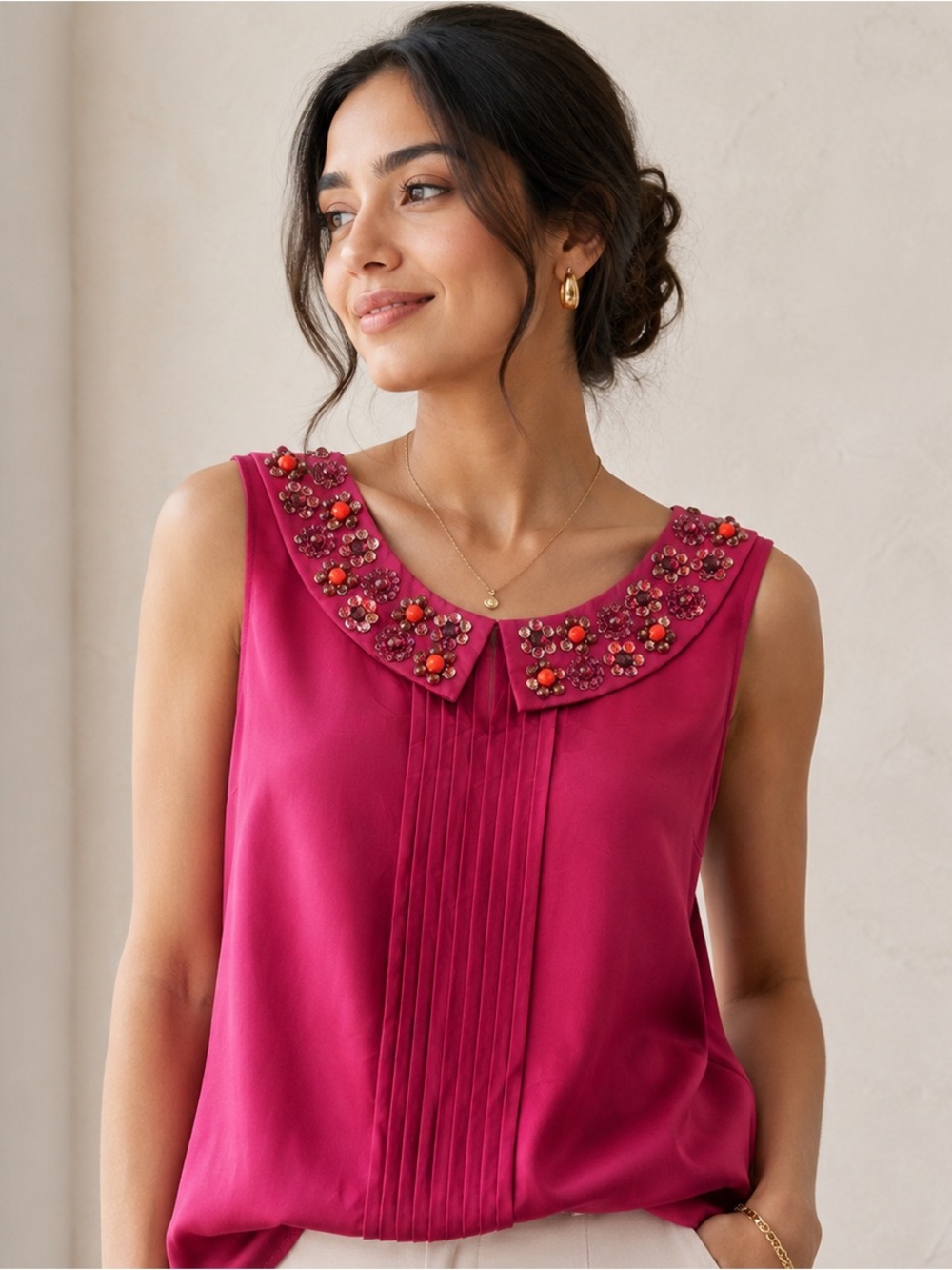 Boden Fuchsia Embellished Peter Pan Collar Sleeveless Camisole